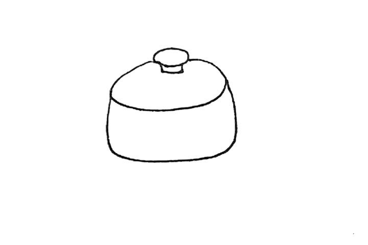 第三步：下面，再画上一个偏方的弧线作为锅的下半部分。